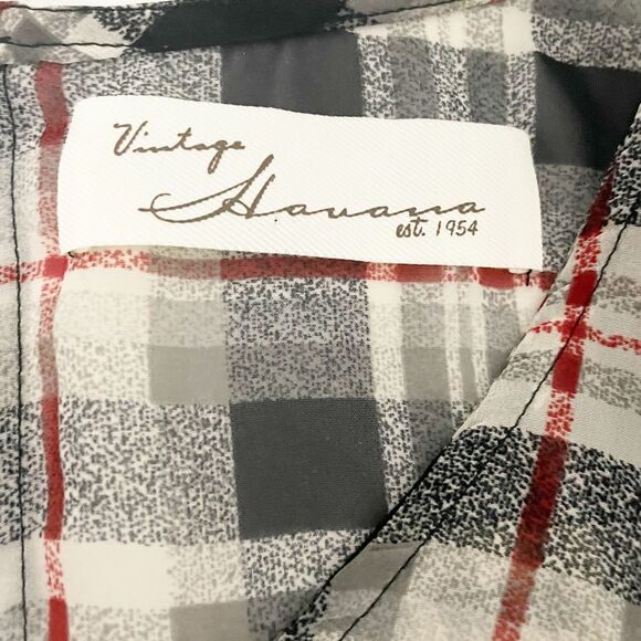 🟢Vintage Havana Plaid Semi Sheer V Neck Blouse Black Tan Red S - Picture 7 of 7